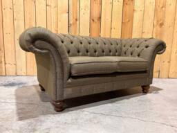 2 Seater Sage Green Tweed Fabric Chesterfield Sofa, Settee - British Handmade - thumbnail 1