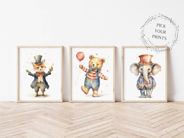 Set Of 3 Circus Prints-Nursery Bedroom D??cor - Elephant Bear Lion Circus Theme Art-Children's - image 1