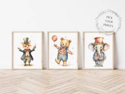Set Of 3 Circus Prints-Nursery Bedroom D??cor - Elephant Bear Lion Circus Theme Art-Children's - thumbnail 1