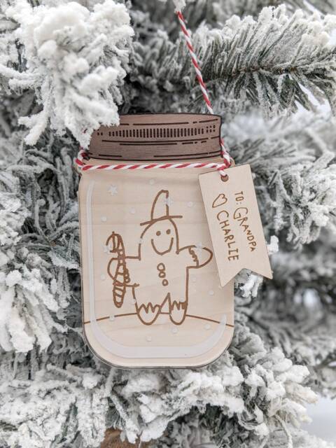 Your Kid's Custom Drawing Mason Jar Ornament, Engraved Wood Personalized, Handwriting Gift, Grandparent Gift For Christmas, Holiday Art - image 1