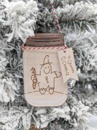 Your Kid's Custom Drawing Mason Jar Ornament, Engraved Wood Personalized, Handwriting Gift, Grandparent Gift For Christmas, Holiday Art - thumbnail 1