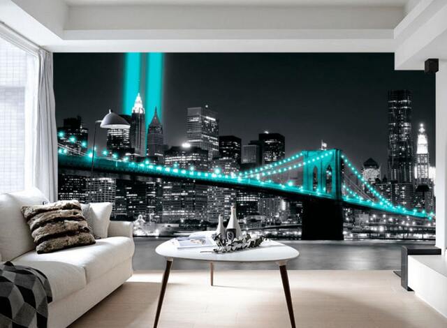 Turquoise Night City Wallpaper Mural Black & White Vinyl Wall Decor - image 1