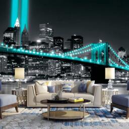 Turquoise Night City Wallpaper Mural Black & White Vinyl Wall Decor - thumbnail 2