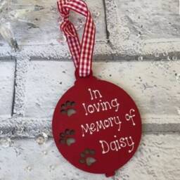 Pet Dog Cat in Loving Memory Of Personalised Christmas Tree Paw Decoration Wooden Bauble Red Memorial - thumbnail 3