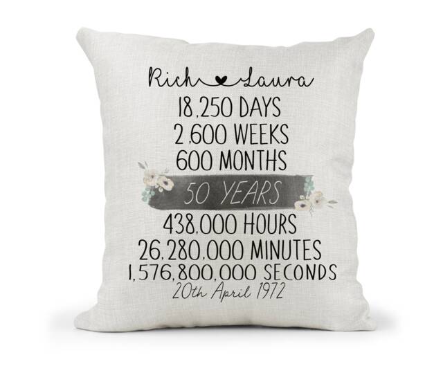Personalised 50Th Anniversary Cream Canvas Cushion, Scatter Home Decor, 50 Years, Mum Dad, Friends, Days Months, Hours, Mins - image 1