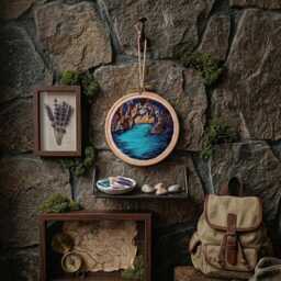 Mystical Cave Lake Embroidery Hidden Lagoon Wall Art - thumbnail 3