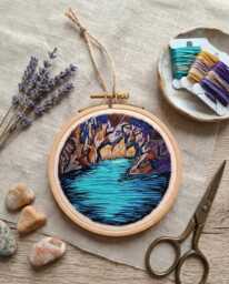 Mystical Cave Lake Embroidery Hidden Lagoon Wall Art - thumbnail 1