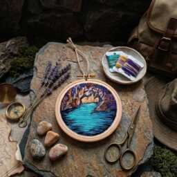Mystical Cave Lake Embroidery Hidden Lagoon Wall Art - thumbnail 2