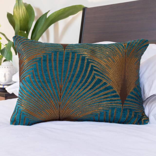 "Art Deco Fan Boudoir Cushion. Teal Blue & Gold. Luxury Velvet Chenille. Double Sided Geometric Feather Style. 17""x12"