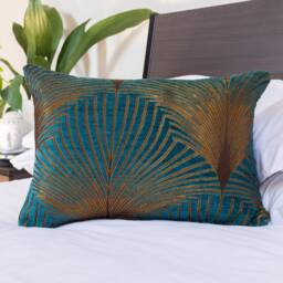 "Art Deco Fan Boudoir Cushion. Teal Blue & Gold. Luxury Velvet Chenille. Double Sided Geometric Feather Style. 17""x12"
