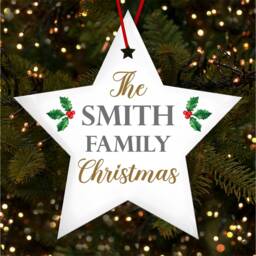 Family Name Holly Star Bauble Personalised Christmas Tree Ornament Decoration