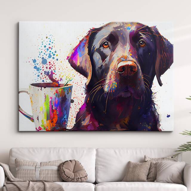 Labrador With Coffee Mug Drink Dog Pet Abstract Modern Painting Wall Art, Framed Canvas Poster Print, Home Kitchen Office Room Decor, Gifts - image 1