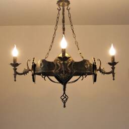 Wrought Iron & Wood Chandelier - 4 Candle Lights Lighting Handmade Metal - thumbnail 4
