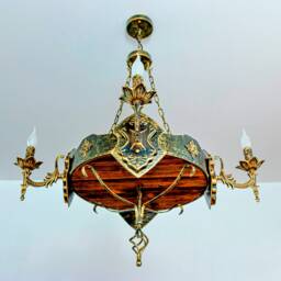 Wrought Iron & Wood Chandelier - 4 Candle Lights Lighting Handmade Metal - thumbnail 2