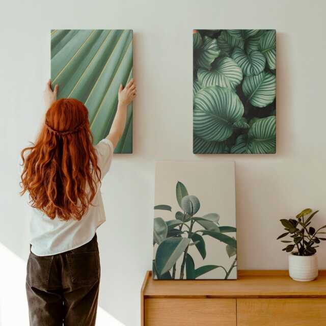 Canvas Art Set Of 3 - Aesthetic Tropical Leaves in Various Shades Green, Green Wall Canvas, Plants & Flowers Decor - image 1