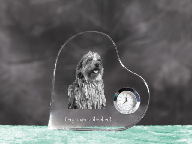 Bergamasco Shepherd - Crystal Clock in The Shape Of A Heart With Image Pure-Bred Dog - image 1