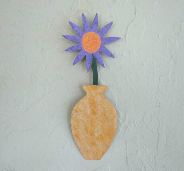Upcycled Metal Flower Wall Art Lavender & Yellow Vase - 3x9 - image 1
