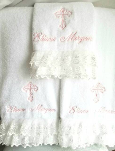 Special Listing Personalized Baptism Towels & Oil Sheet For Greek Orthodox Baptism, Bath Towel, Embroidered Lace - image 1