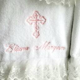 Special Listing Personalized Baptism Towels & Oil Sheet For Greek Orthodox Baptism, Bath Towel, Embroidered Lace - thumbnail 2