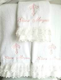 Special Listing Personalized Baptism Towels & Oil Sheet For Greek Orthodox Baptism, Bath Towel, Embroidered Lace - thumbnail 1