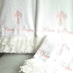 Special Listing Personalized Baptism Towels & Oil Sheet For Greek Orthodox Baptism, Bath Towel, Embroidered Lace - thumbnail 3