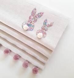 Pink Floral Bunnies Blackout Roman Blind With Pom Trim