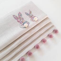 Pink Floral Bunnies Blackout Roman Blind With Pom Trim - thumbnail 2
