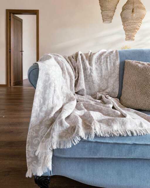 Linen Blanket, Softened Linen Damask Throw, Beach Raw Flax Pastel Blanket - image 1