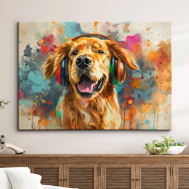 Golden Retriever Dj Headphones Painting Framed Poster Print & Canvas Wall Decor Art Home Living Room Dog Gift Idea Pet - image 1