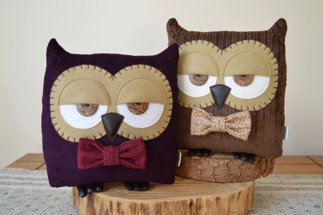Owl Pillow, Purple Cushion, Plush Owl, Gift For Her, Decor, Gift, Decorative - Plum With Berry Bow Tie - image 1