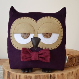 Owl Pillow, Purple Cushion, Plush Owl, Gift For Her, Decor, Gift, Decorative - Plum With Berry Bow Tie - thumbnail 3