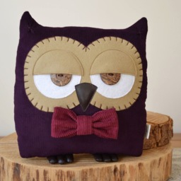 Owl Pillow, Purple Cushion, Plush Owl, Gift For Her, Decor, Gift, Decorative - Plum With Berry Bow Tie - thumbnail 2