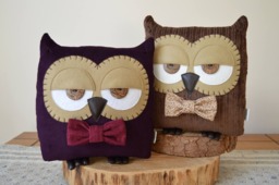 Owl Pillow, Purple Cushion, Plush Owl, Gift For Her, Decor, Gift, Decorative - Plum With Berry Bow Tie - thumbnail 1