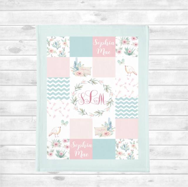 Personalized Cactus Baby Quilt Blanket. Girl Custom Quilt. Newborn Gift. Shower Swaddle - image 1