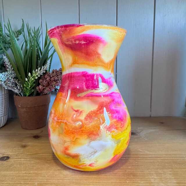 Hand Decorated 18cm Tall Glass Vase Pink, Orange Yellow With Gold Copper Or Silver Finish - image 1