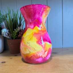 Hand Decorated 18cm Tall Glass Vase Pink, Orange Yellow With Gold Copper Or Silver Finish - thumbnail 2