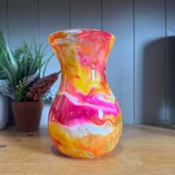 Hand Decorated 18cm Tall Glass Vase Pink, Orange Yellow With Gold Copper Or Silver Finish - thumbnail 3