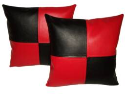 "2 Black & Red Check Faux Leather Cushion Covers 16"" 18"" 20" - thumbnail 1