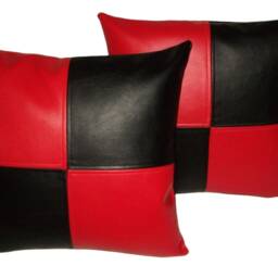 "2 Black & Red Check Faux Leather Cushion Covers 16"" 18"" 20" - thumbnail 2