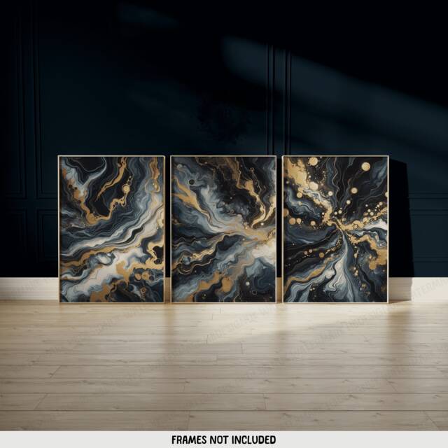 Dark Blue & Gold Fluid Print Set - Living Room Wall Art - Home Decor Of 3 Prints Colourful Liquid Artwork Modern Ink Poster - image 1