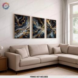 Dark Blue & Gold Fluid Print Set - Living Room Wall Art - Home Decor Of 3 Prints Colourful Liquid Artwork Modern Ink Poster - thumbnail 2