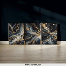 Dark Blue & Gold Fluid Print Set - Living Room Wall Art - Home Decor Of 3 Prints Colourful Liquid Artwork Modern Ink Poster - thumbnail 1