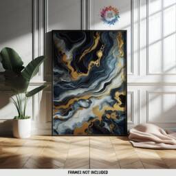 Dark Blue & Gold Fluid Print Set - Living Room Wall Art - Home Decor Of 3 Prints Colourful Liquid Artwork Modern Ink Poster - thumbnail 3