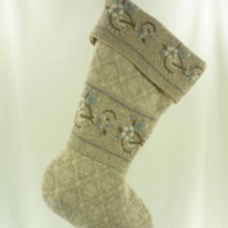 Christmas Stocking Wool Felt Tan Beige Oatmeal Almond Blue Repurposed Fieldgear Sweater Ooak Flowers Floral Recycled Upcycled 805 - thumbnail 3