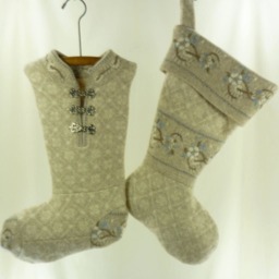 Christmas Stocking Wool Felt Tan Beige Oatmeal Almond Blue Repurposed Fieldgear Sweater Ooak Flowers Floral Recycled Upcycled 805 - thumbnail 4