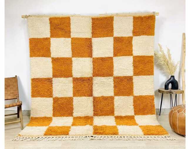 Mustard Orange White Checkerboard Shag Rug - Hand Tufted Moroccan Wool Large Area Living Room Carpet Boho Decor Floor Art - image 1