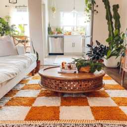 Mustard Orange White Checkerboard Shag Rug - Hand Tufted Moroccan Wool Large Area Living Room Carpet Boho Decor Floor Art - thumbnail 3