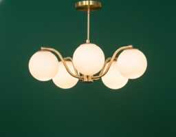 Mid-Century Modern Brass Glass Ball Chandelier, 5-Light Indoor Fixture - thumbnail 1