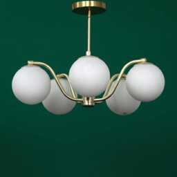 Mid-Century Modern Brass Glass Ball Chandelier, 5-Light Indoor Fixture - thumbnail 2