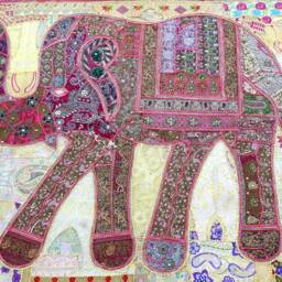Elephant Tapestry Vintage Patchwork, Embroidered Wall Hanging - 80x100 Inches - thumbnail 2